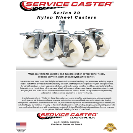 Service Caster 3 Inch Nylon Swivel 3/8 Inch Threaded Stem Caster Set with Total Lock Brake SCC SCC-TSTTL20S314-NYS-381615-4